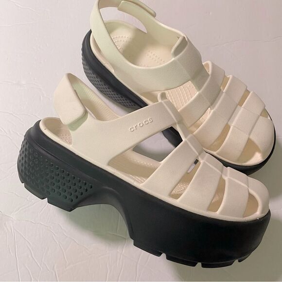 Crocs White Black Platform Sandals Stomp Fisherman Shoes Summer chunky woman 8 - Picture 2 of 12